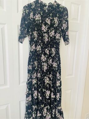 Floral Black Midi Dress with Lavender Blooms